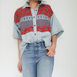Women's Denim Boho Button Up with Paisley Print